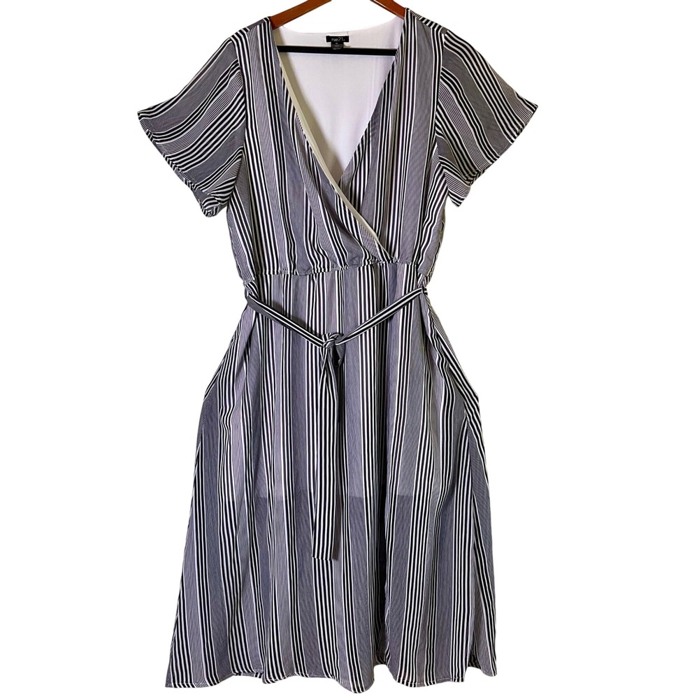 Rue21 Striped Faux Wrap Midi Dress Black White XL Flutter Sleeve Tie Waist Slit